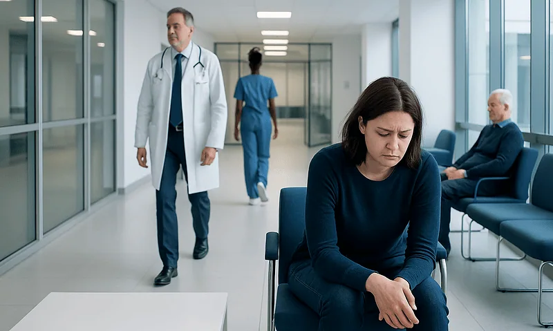 Patient experiencing symptoms in a hospital corridor with medical staff nearby.