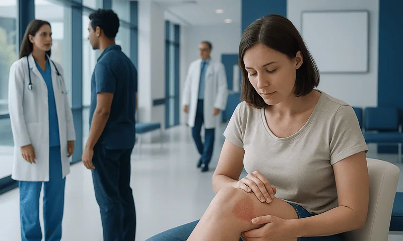 Young woman with dermatitis examining her leg in a hospital corridor.