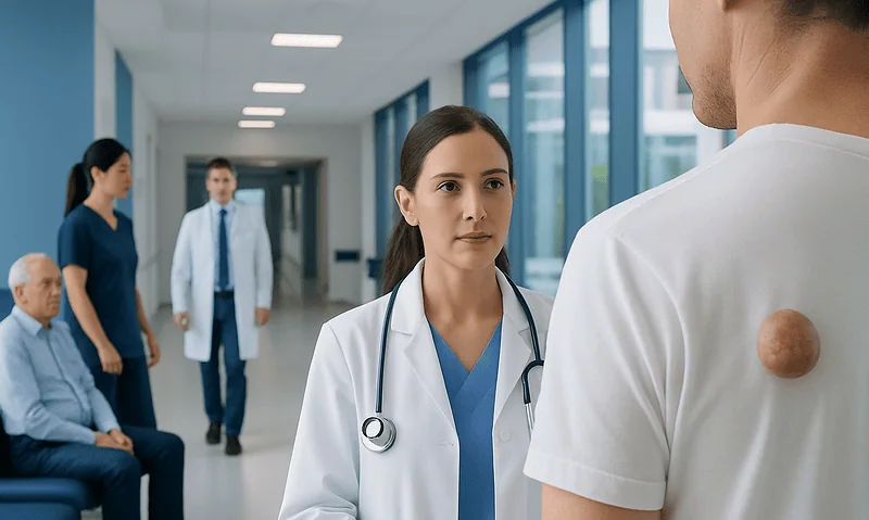Doctor examining patient with dermatofibrosarcoma protuberans in hospital corridor.