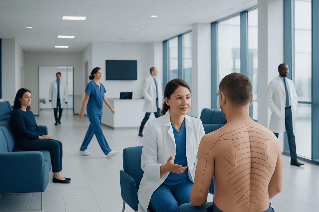 Dermatomes: An Evidence-Based Guide for Patients 1 Doctor consulting patient with back markings in a modern hospital setting.