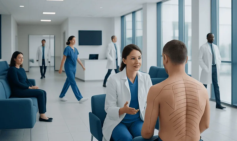 Doctor consulting patient with back markings in a modern hospital setting.