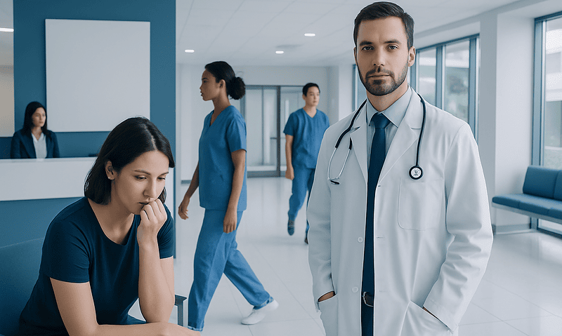 Concerned woman in hospital waiting area with doctor and staff in background.