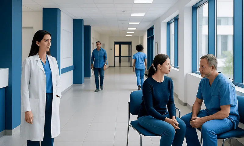 Hospital corridor with medical staff and patient consultation scene.