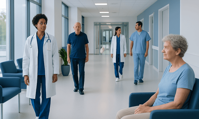 Medical team and patient in hospital corridor at Acibadem Hospitals Group.