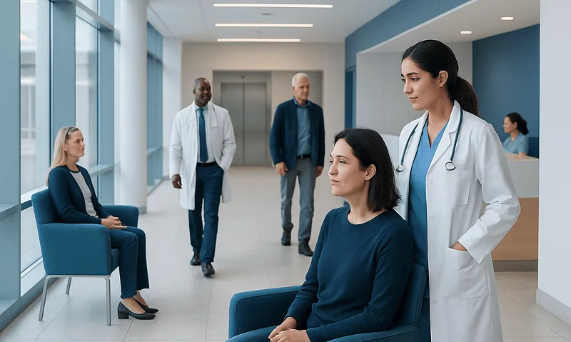 Medical consultation in a modern hospital with doctor and patients.