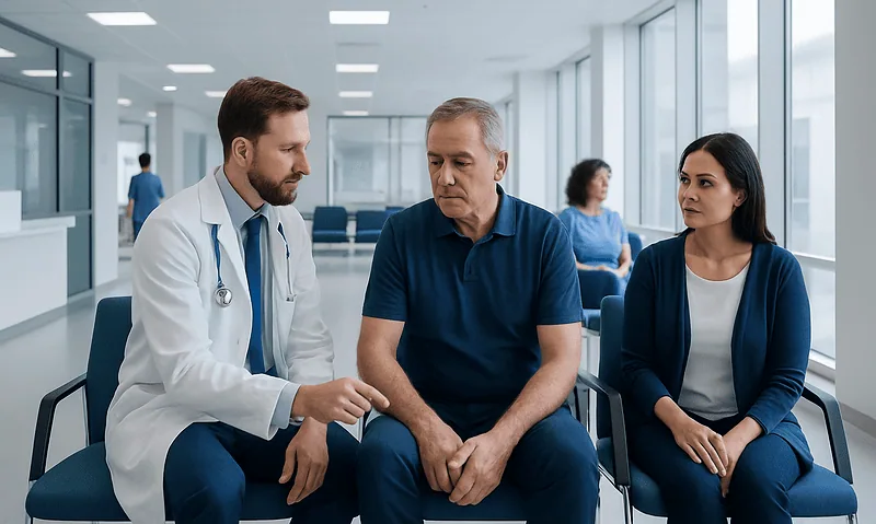 Doctor consulting with patient in hospital waiting area.