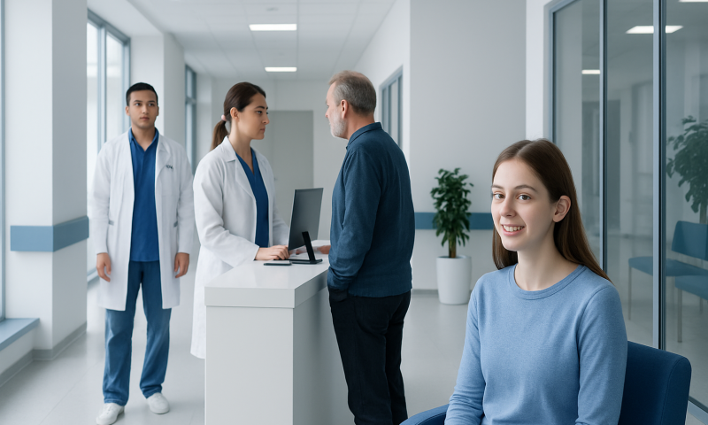 Patient consulting with doctors at Acibadem Hospital reception area.