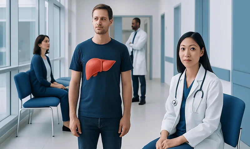 Patient with liver illustration in hospital corridor for liver health awareness.
