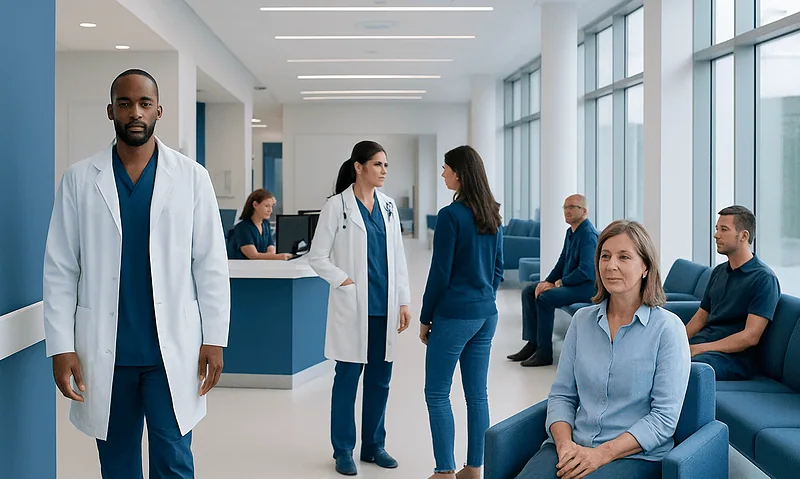 Hospital waiting area with medical staff and patients at Acibadem Hospitals Group.