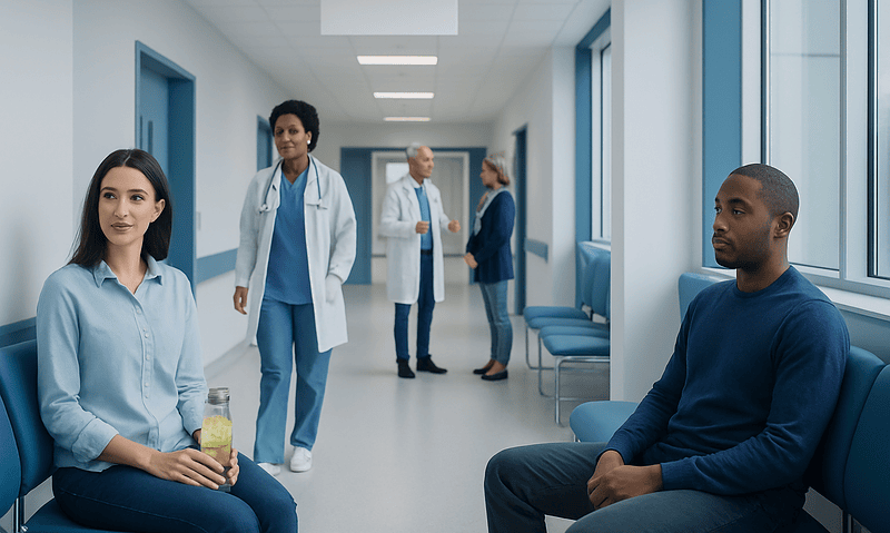 Patients waiting in a hospital corridor with medical staff nearby.