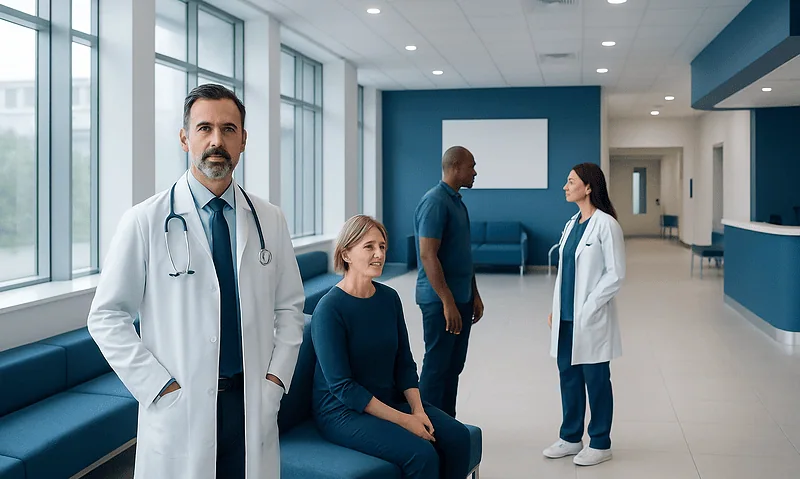 Medical team at Acibadem Hospital discussing patient care in a modern facility.
