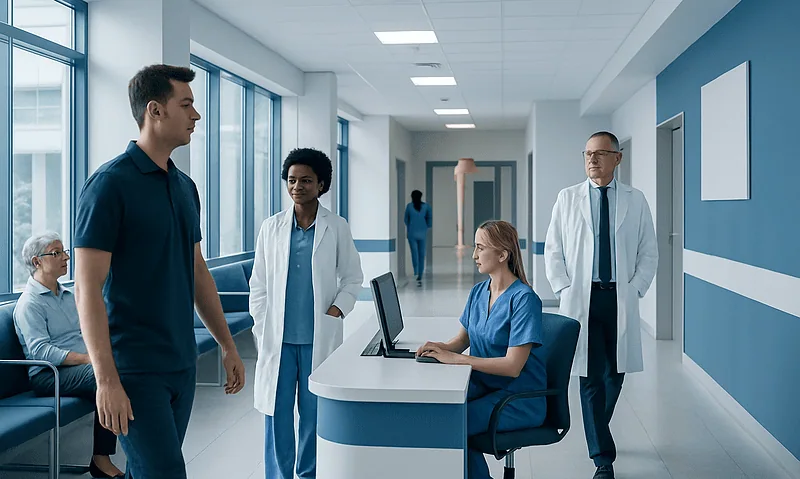Medical staff and patients in a hospital corridor at Acibadem Hospitals Group.