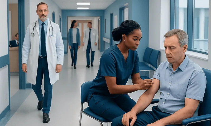 Dexamethasone Injection — Explained by Medical Evidence, Not Myths 2 Healthcare professional administering vaccine to patient in hospital corridor.