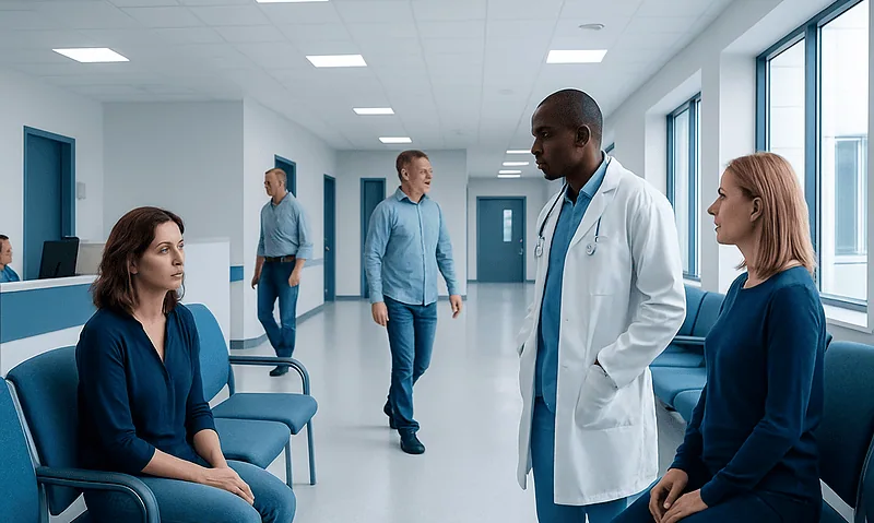 Medical consultation in hospital corridor with doctor and patients.