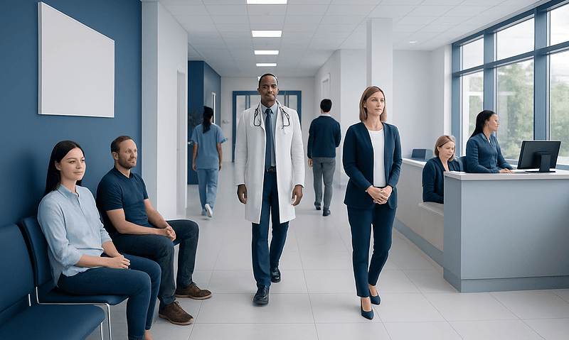 Medical professionals and patients in a modern hospital corridor.