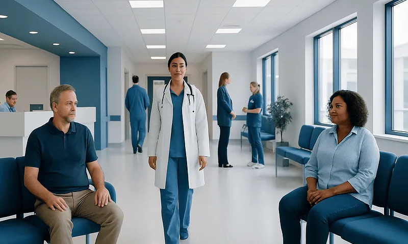 Patients waiting in a modern hospital corridor with medical staff nearby.
