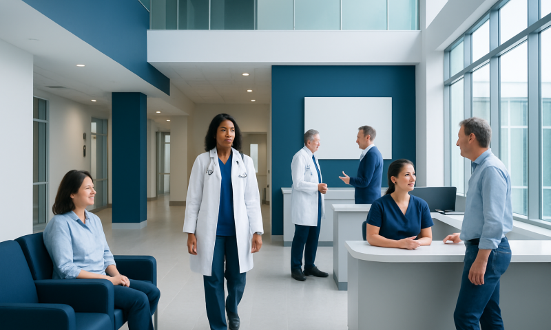 Medical staff and patients in a modern hospital lobby.