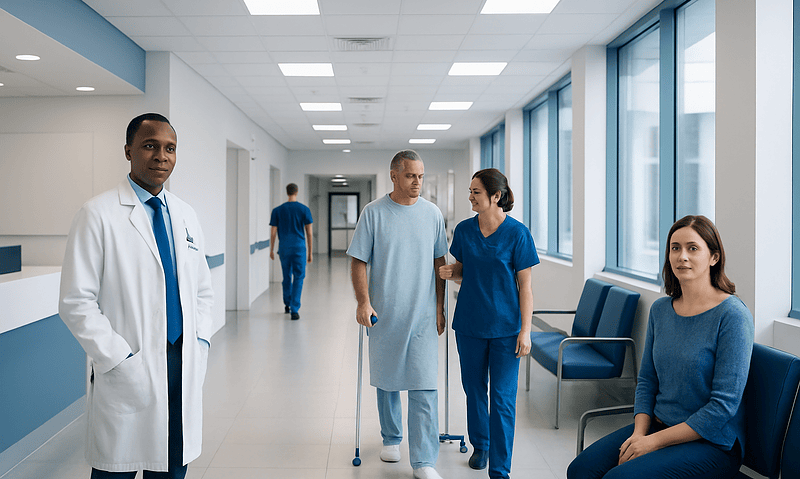 Medical staff and patient in hospital corridor at Acibadem Hospitals Group.