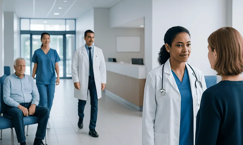 Healthcare professionals consulting with a patient in a modern hospital lobby.