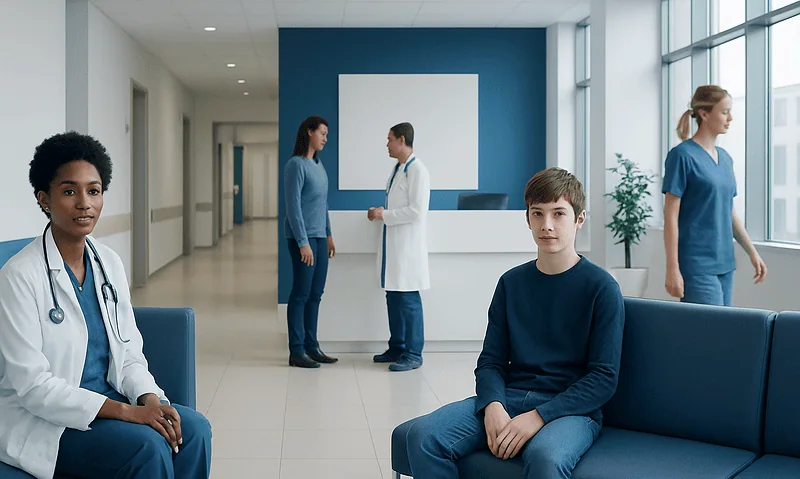 Hospital waiting area with medical staff and patient in blue scrubs and casual clothing.