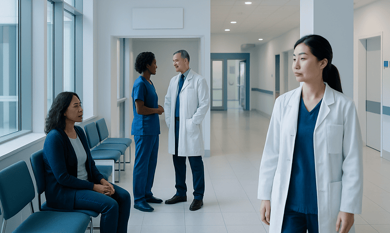 Medical staff and patient in hospital corridor at Acibadem Hospitals Group.