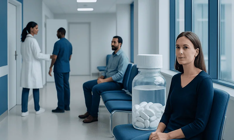 Patients waiting in a hospital corridor with a large pill bottle in the foreground.