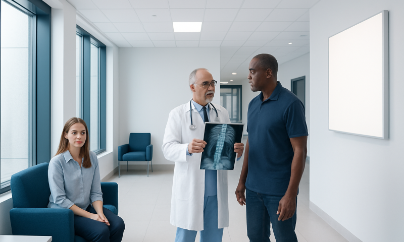 Doctor discussing spinal X-ray with patient in hospital corridor.