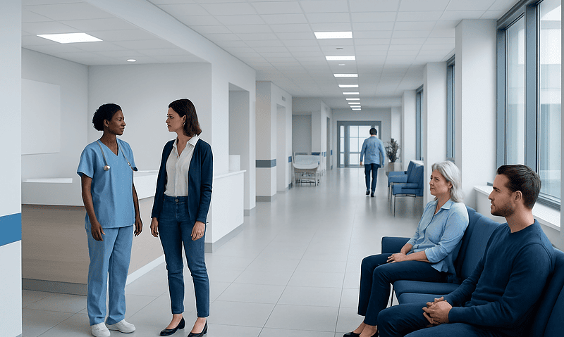 Healthcare professionals and patients in a modern hospital corridor.
