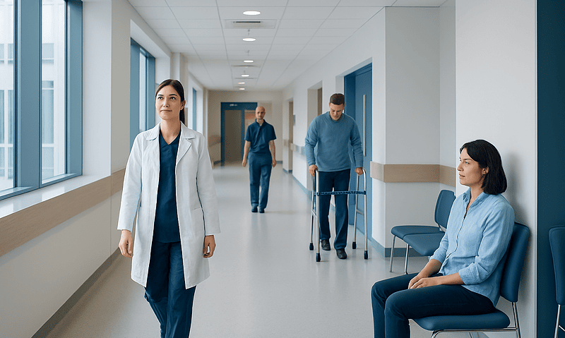 Healthcare professionals and patient in hospital corridor at Acibadem Hospitals Group.