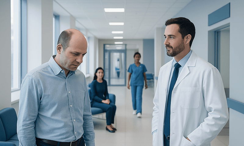 Doctor and patient in hospital corridor discussing health concerns.