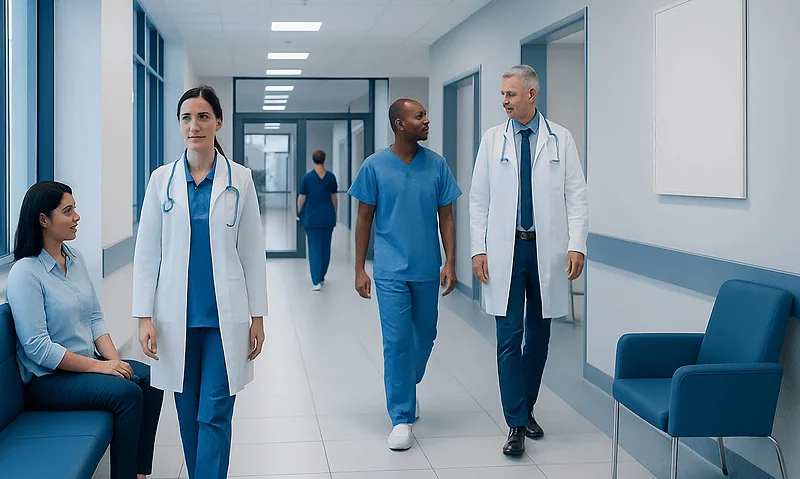 Medical team walking in hospital corridor with doctors and nurses.