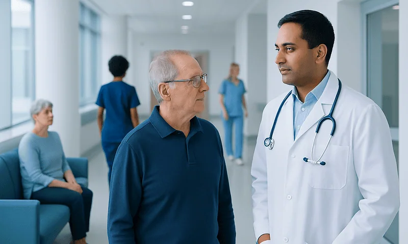 Doctor consulting elderly patient in hospital corridor.