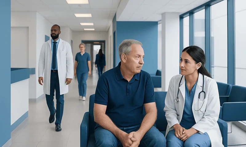 Doctor consulting with a male patient in a hospital corridor.