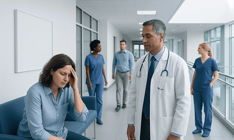 Doctor consulting a worried woman in a hospital corridor.