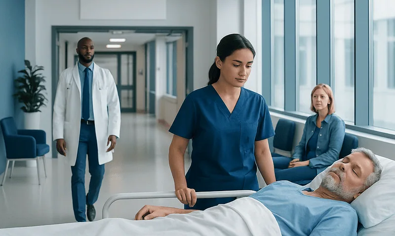 Nurse attending to a patient in a hospital corridor with doctors nearby.