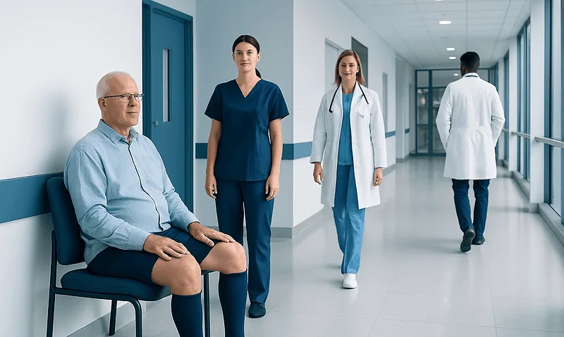 Health Library 11 Patient with medical staff in hospital corridor at Acibadem Hospitals Group.