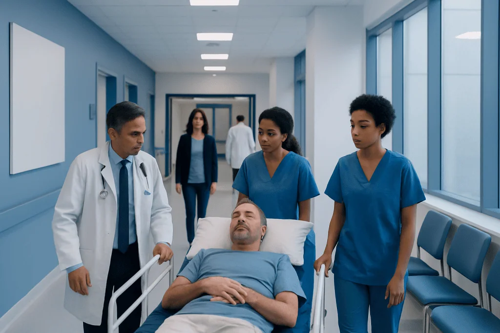 Diabetic Ketoacidosis: Diagnosis, Outlook, and Modern Treatment Approaches 1 Medical team attending to a patient in a hospital corridor.
