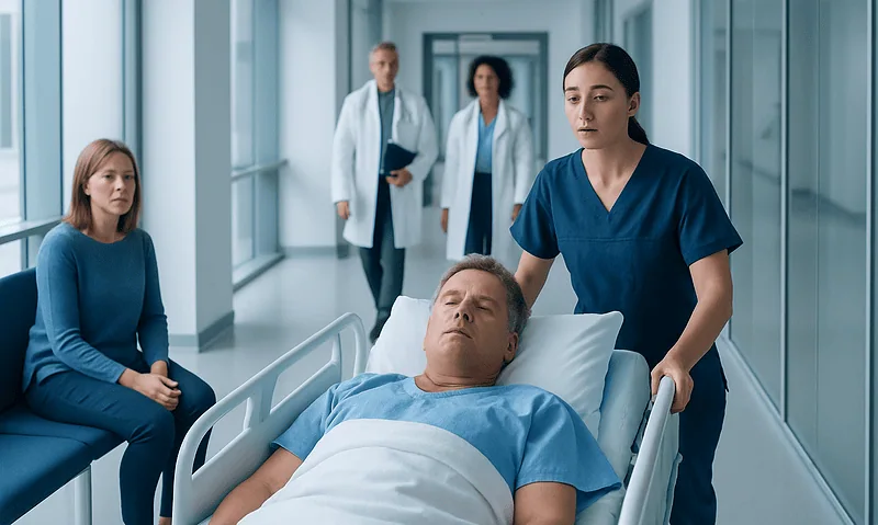 Hospital scene with patient and medical staff in a corridor.