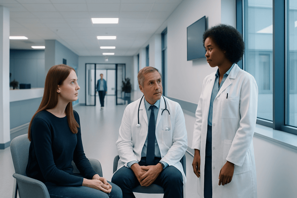 How Neuropsychiatric Disorders Are Diagnosed 1 Medical professionals discussing patient care in a hospital corridor.