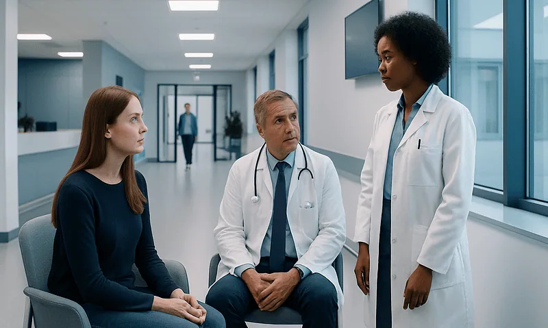 Health Library 11 Medical professionals discussing patient care in a hospital corridor.