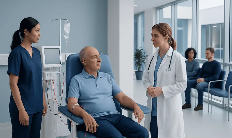 Patient receiving dialysis treatment in a hospital with medical staff present.