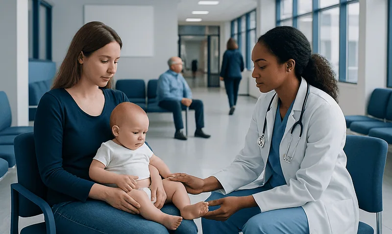 Pediatric consultation at a hospital with a doctor examining a baby.