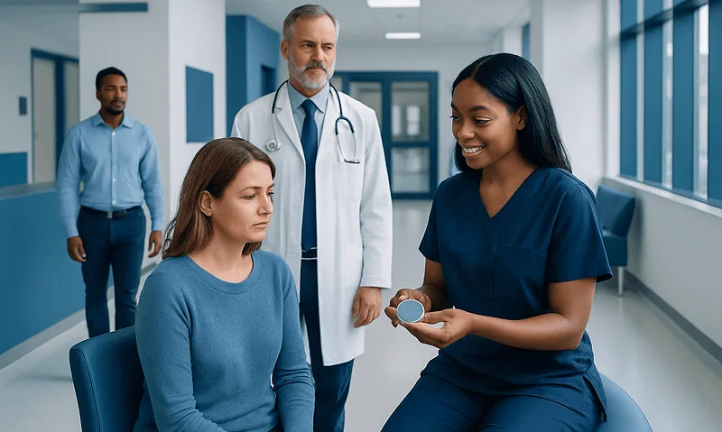 Healthcare professional explaining diaphragm birth control to patient in hospital corridor.