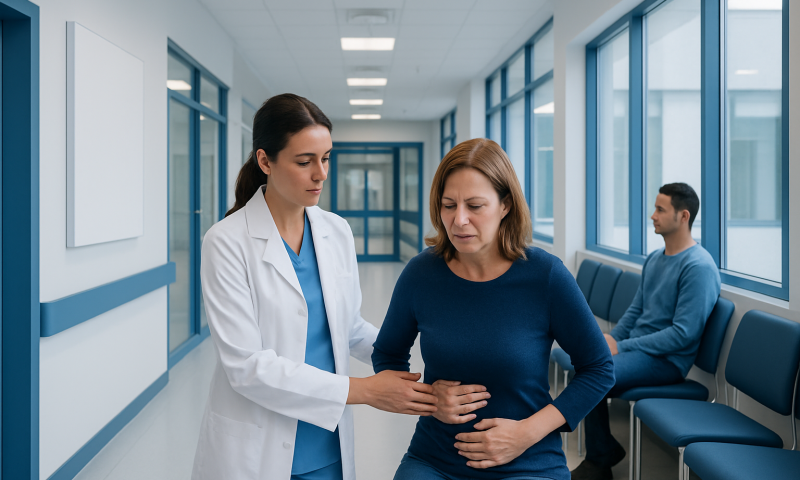 Diaphragm Pain: Possible Causes and When to Seek Care 6 Doctor examining woman with stomach pain in hospital corridor.