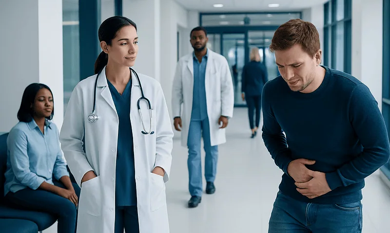 Patient experiencing stomach pain in hospital corridor with medical staff nearby.