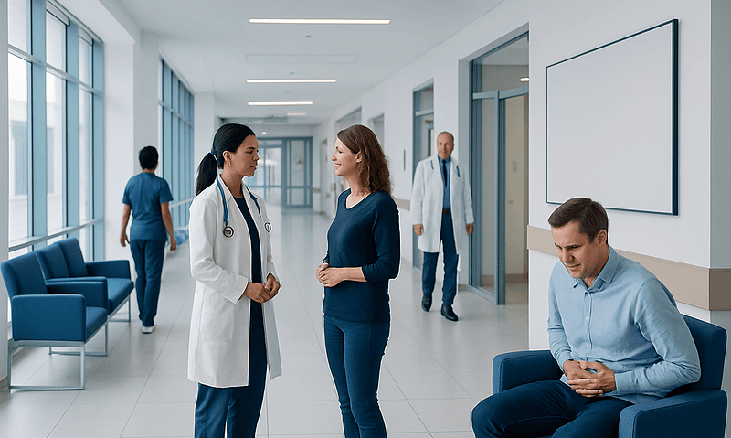 Medical consultation in a modern hospital corridor with healthcare professionals and patient.