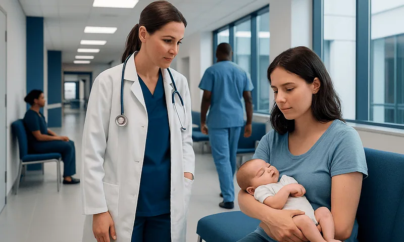 Doctor consulting with mother and newborn in hospital corridor.