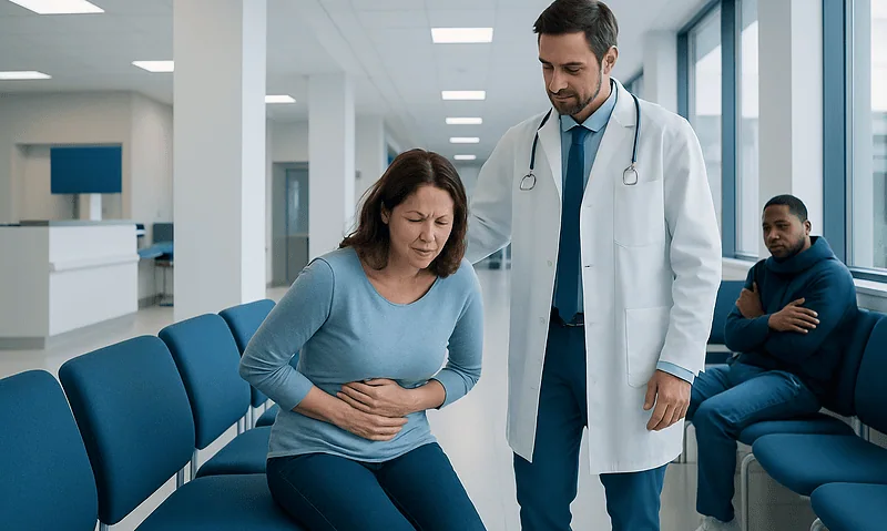 Doctor examining a woman with stomach pain in a hospital waiting area.