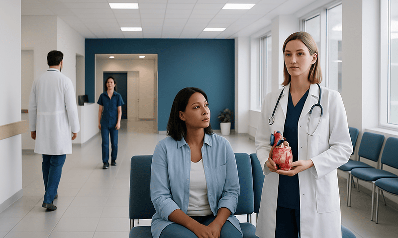 Medical consultation in a hospital waiting area with doctors and patient.