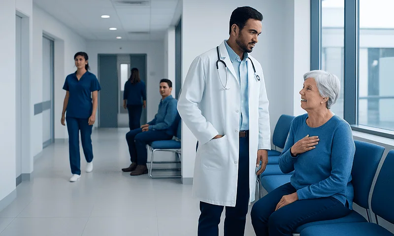 Doctor consulting elderly woman in hospital corridor with staff in background.